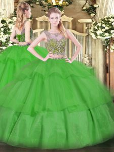  Floor Length Lace Up Quince Ball Gowns Green for Military Ball and Sweet 16 and Quinceanera with Beading and Ruffled Layers