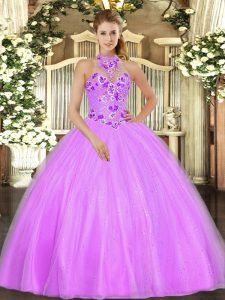  Sleeveless Tulle Floor Length Lace Up Quinceanera Dresses in Lilac with Embroidery