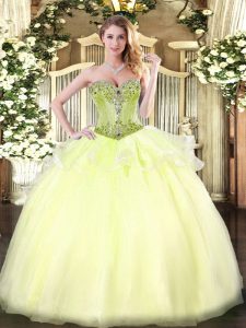  Light Yellow Sleeveless Organza Lace Up Quinceanera Dress for Military Ball and Sweet 16 and Quinceanera