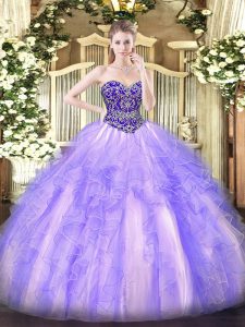 Hot Sale Lavender Tulle Lace Up Quinceanera Dress Sleeveless Floor Length Beading and Ruffles