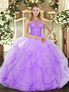 Latest Organza High-neck Sleeveless Lace Up Beading and Ruffles Sweet 16 Quinceanera Dress in Lavender