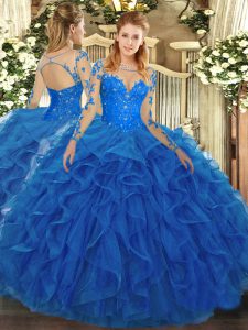 Graceful Blue Ball Gowns Tulle Scoop Long Sleeves Lace and Ruffles Floor Length Lace Up Quinceanera Dresses