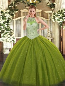 Dazzling Olive Green Tulle Lace Up Sweet 16 Quinceanera Dress Sleeveless Floor Length Beading