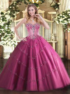 Hot Sale Sleeveless Tulle Floor Length Lace Up Sweet 16 Dresses in Fuchsia with Beading