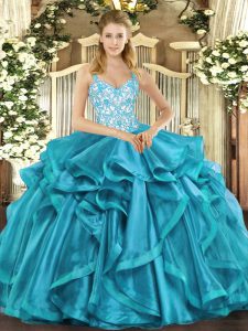 Beauteous Sleeveless Organza Floor Length Lace Up Quinceanera Gown in Teal with Beading and Appliques and Ruffles