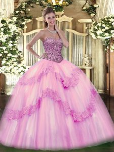 Glamorous Pink Ball Gowns Beading and Appliques and Ruffles Quinceanera Gowns Lace Up Tulle Sleeveless Floor Length