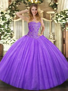 Dazzling Lavender Sleeveless Tulle Lace Up Quince Ball Gowns for Military Ball and Sweet 16 and Quinceanera
