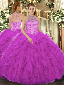 Shining Fuchsia Sleeveless Beading and Embroidery and Ruffles Floor Length Sweet 16 Quinceanera Dress