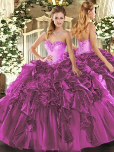  Fuchsia Organza Lace Up Quinceanera Gowns Sleeveless Floor Length Beading and Ruffles