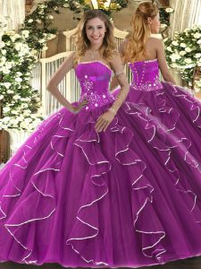 Discount Fuchsia Sleeveless Beading and Ruffles Floor Length Ball Gown Prom Dress