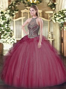 Extravagant Burgundy Halter Top Neckline Beading Ball Gown Prom Dress Sleeveless Lace Up