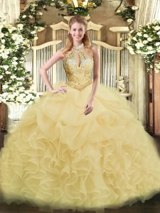 Decent Ball Gowns Ball Gown Prom Dress Champagne Halter Top Organza Sleeveless Floor Length Lace Up