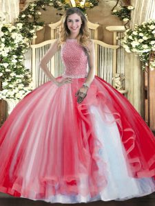 Elegant Beading and Ruffles Quinceanera Dresses Red Lace Up Sleeveless Floor Length
