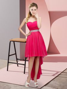 Latest Hot Pink Sleeveless Beading High Low Prom Dress