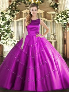 Best Selling Floor Length Lace Up 15 Quinceanera Dress Fuchsia for Military Ball and Sweet 16 and Quinceanera with Appliques