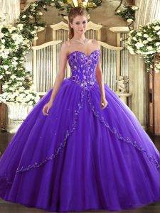  Purple Lace Up 15 Quinceanera Dress Appliques and Embroidery Sleeveless Brush Train