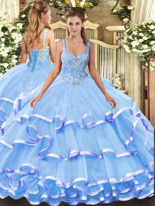  Straps Sleeveless Sweet 16 Dresses Floor Length Beading and Ruffled Layers Blue Organza