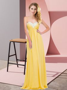  Gold Chiffon Lace Up Sweetheart Sleeveless Floor Length Prom Party Dress Ruching