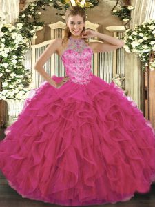 Popular Hot Pink Sleeveless Organza Lace Up Quince Ball Gowns for Military Ball and Sweet 16 and Quinceanera