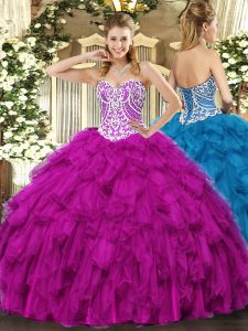 Elegant Beading and Ruffles Quinceanera Dress Fuchsia Lace Up Sleeveless Floor Length