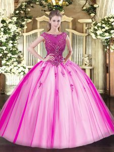 High End Fuchsia Cap Sleeves Floor Length Beading and Appliques Lace Up Quinceanera Gown