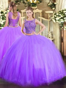  Sleeveless Floor Length Beading Lace Up Quinceanera Dress with Lavender