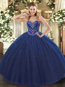 Sumptuous Tulle Sweetheart Sleeveless Lace Up Beading Quinceanera Gown in Navy Blue