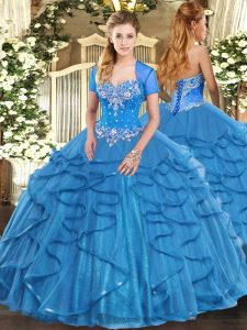 Chic Baby Blue Tulle Lace Up Sweetheart Sleeveless Floor Length Quinceanera Dresses Beading and Ruffles