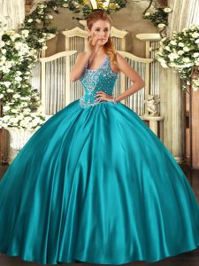 Simple Satin Sleeveless Floor Length Quince Ball Gowns and Beading