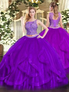 Decent Scoop Sleeveless Lace Up Quinceanera Gowns Purple Organza