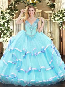 Modest Aqua Blue Organza Lace Up Ball Gown Prom Dress Sleeveless Floor Length Ruffled Layers