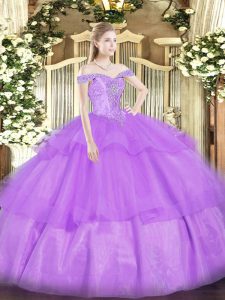 Superior Lavender Off The Shoulder Lace Up Beading and Ruffled Layers Ball Gown Prom Dress Sleeveless