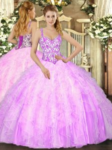 Perfect Straps Sleeveless Organza Sweet 16 Dresses Beading and Ruffles Lace Up