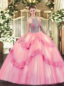 Lovely Halter Top Sleeveless Lace Up Ball Gown Prom Dress Baby Pink Tulle
