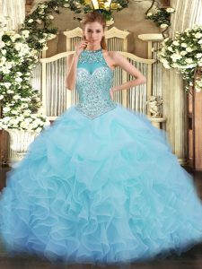  Halter Top Sleeveless Sweet 16 Dresses Floor Length Beading and Ruffles and Pick Ups Aqua Blue Organza