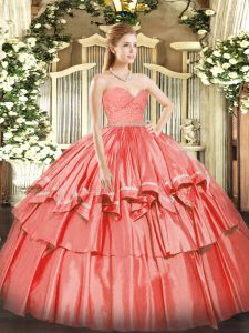  Organza Sweetheart Sleeveless Zipper Beading and Lace and Ruffled Layers Quince Ball Gowns in Watermelon Red