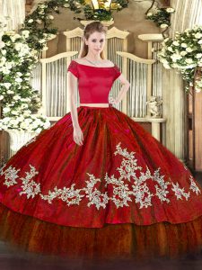 Decent Wine Red Quinceanera Gowns Military Ball and Sweet 16 and Quinceanera with Embroidery Off The Shoulder Short Sleeves Zipper