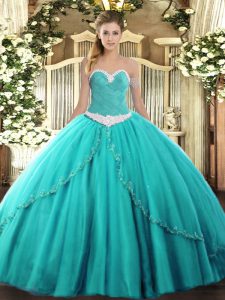 Extravagant Sweetheart Sleeveless Sweet 16 Quinceanera Dress Brush Train Appliques Turquoise Tulle