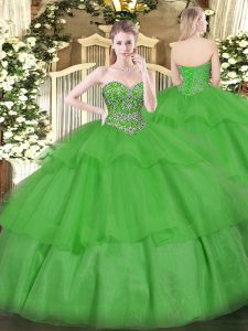  Green Sleeveless Organza Lace Up Sweet 16 Quinceanera Dress for Military Ball and Sweet 16 and Quinceanera