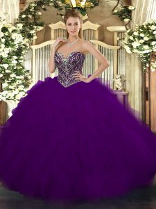 Exceptional Dark Purple Ball Gown Prom Dress Military Ball and Sweet 16 and Quinceanera with Beading and Ruffles Sweetheart Sleeveless Lace Up