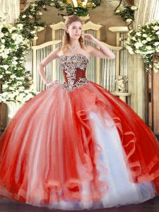 Great Coral Red Tulle Lace Up Quinceanera Gown Sleeveless Floor Length Beading and Ruffles