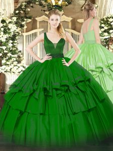 Fantastic Sleeveless Floor Length Beading and Ruffled Layers Zipper Quinceanera Gown with Green