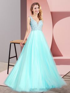  Aqua Blue Zipper Homecoming Dress Lace Sleeveless Floor Length