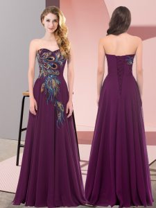 Hot Selling Dark Purple Lace Up Prom Party Dress Embroidery Sleeveless Floor Length
