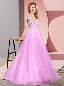 Chic Lilac A-line V-neck Sleeveless Tulle Floor Length Zipper Lace Prom Evening Gown
