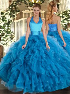  Sleeveless Floor Length Ruffles Lace Up Quinceanera Gowns with Baby Blue