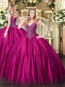 Glorious Floor Length Fuchsia Quince Ball Gowns V-neck Sleeveless Lace Up