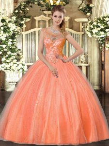 Fabulous Scoop Sleeveless Quinceanera Gowns Floor Length Beading Orange Red Tulle