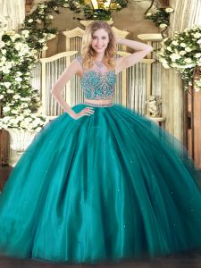 Smart Sleeveless Floor Length Beading Lace Up Quinceanera Dress with Teal 