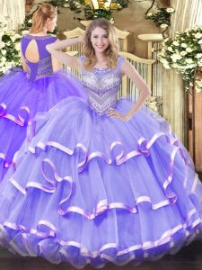  Lavender Ball Gowns Scoop Sleeveless Organza Floor Length Lace Up Beading and Ruffled Layers Ball Gown Prom Dress